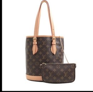Authentic Louis Vuitton Petite Bucket bag with the Cosmetic Bag. Tan + Brown
